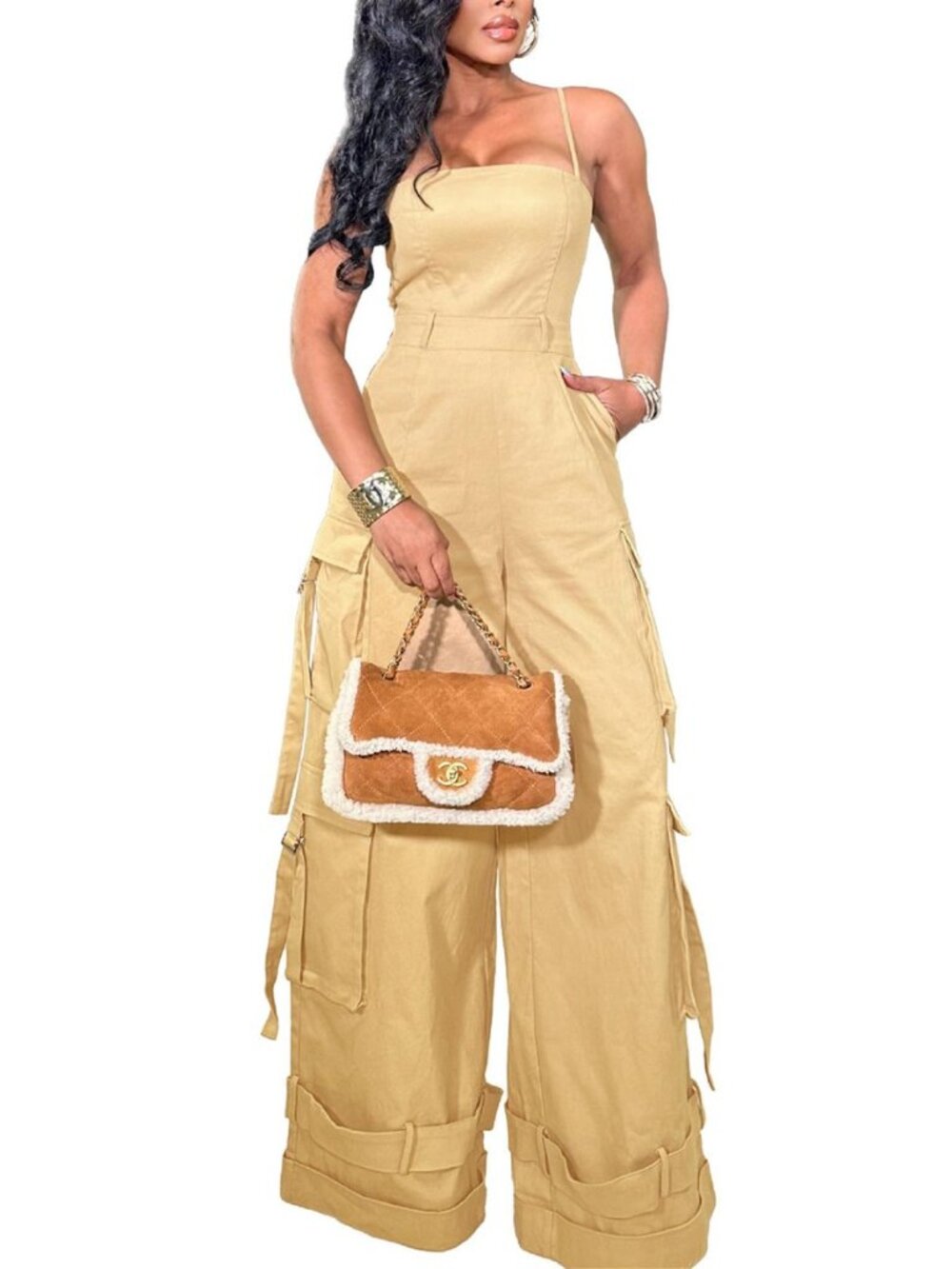 Womens Cargo Jumpsuit Sexy One Piece Outfit Wide Leg Romper Multi Pockets